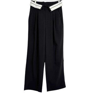 La Chapelle Black Wide-Leg Trousers Women’s XL with White Folded Contrast Waist‎